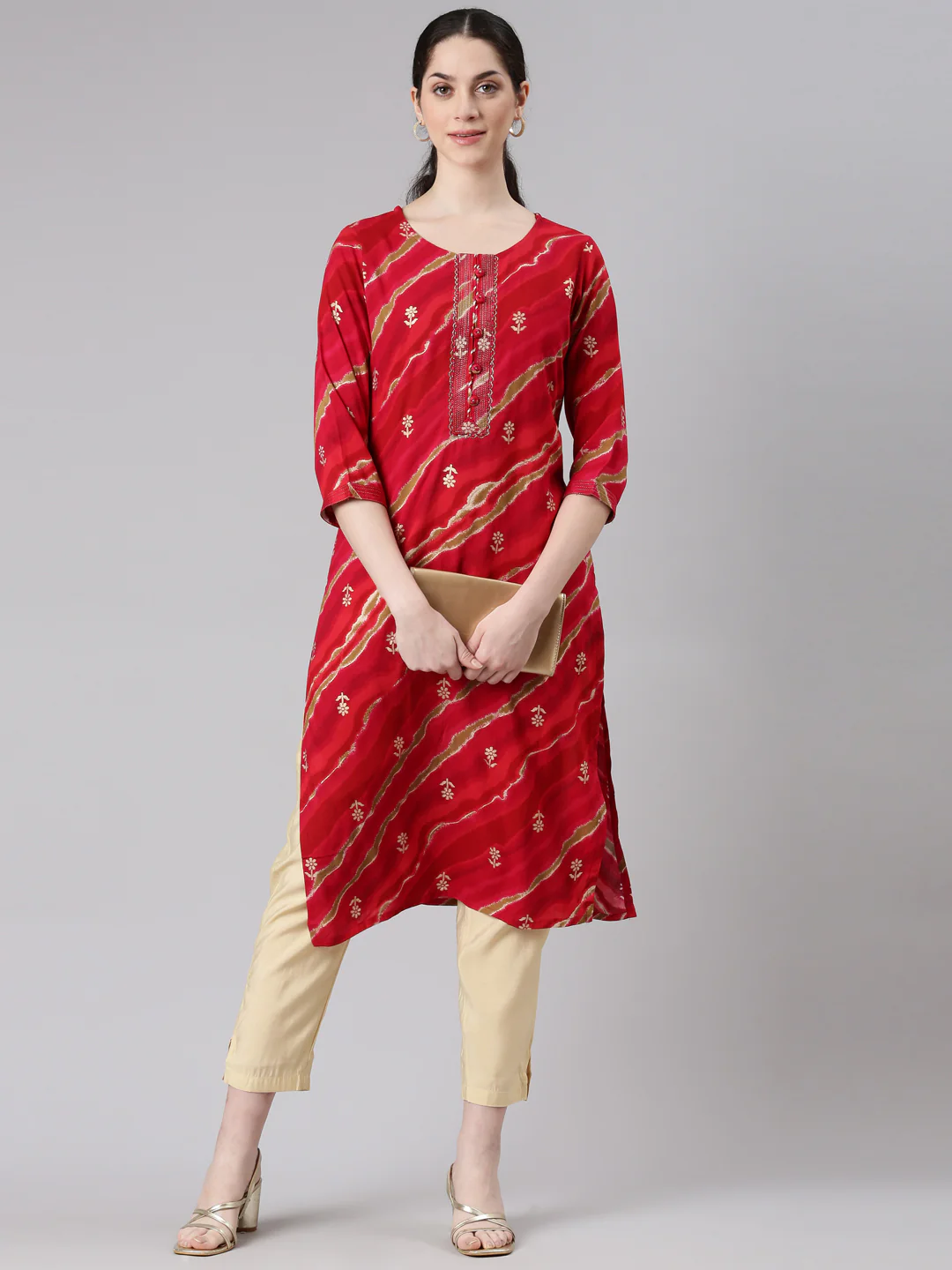 Neerus Red Straight Casual Striped Panelled Kurta - Image 5