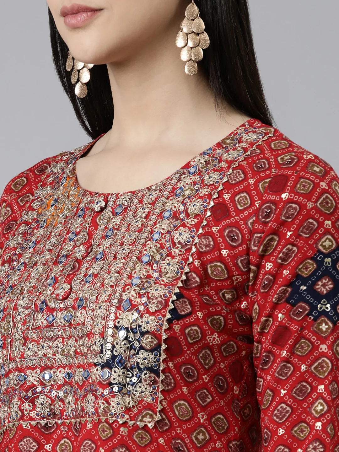 Neerus Red Straight Printed Cotton Kurta - Image 4