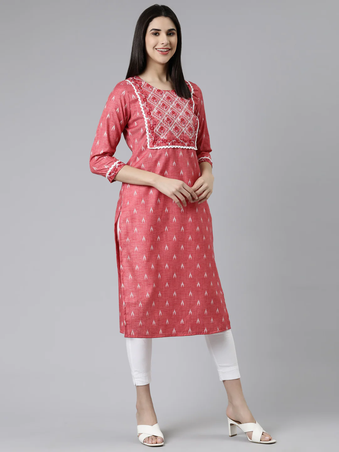 Neerus Red Straight Printed Cotton Kurta - Image 2
