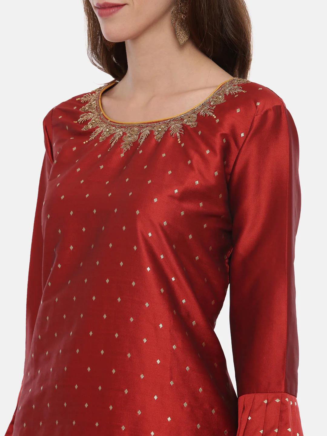 Neerus Red Textured Kurta With Pant & Dupatta - Image 2