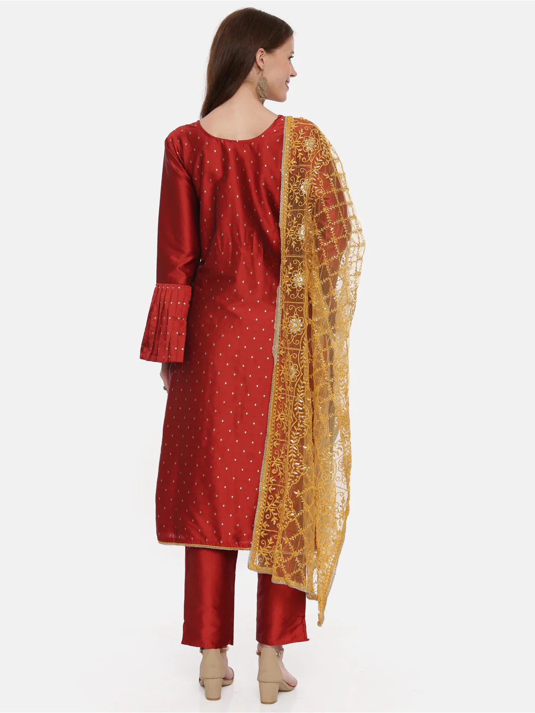 Neerus Red Textured Kurta With Pant & Dupatta - Image 3