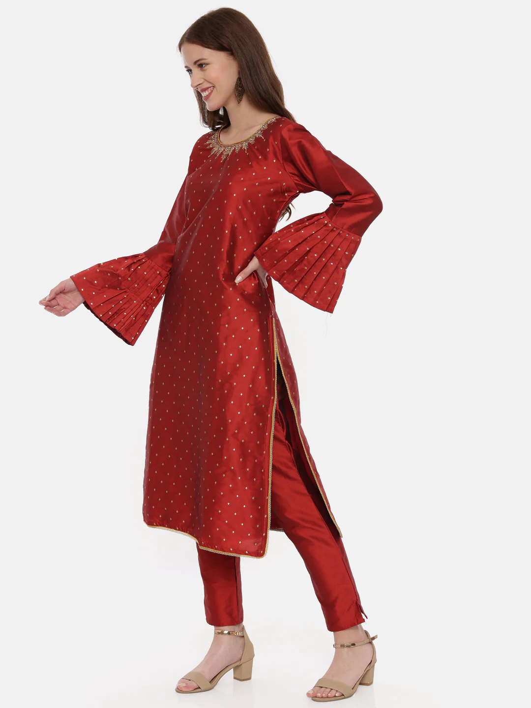 Neerus Red Textured Kurta With Pant & Dupatta - Image 5