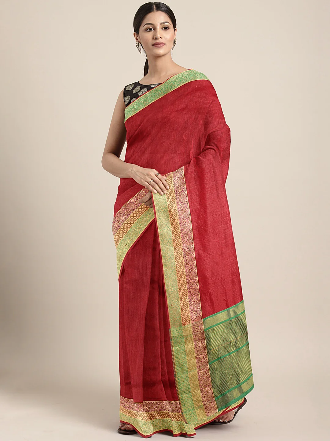 Neerus Red Textured Saree With Blouse