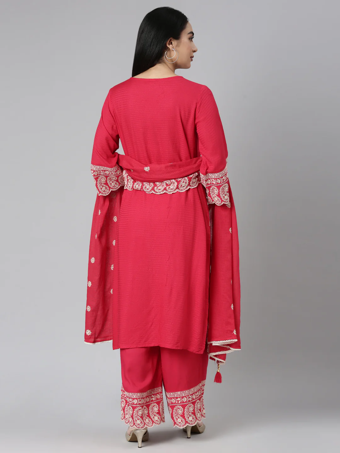 Neerus Red Tiered Straight Yoke Design Kurta and Palazzos With Dupatta - Image 3