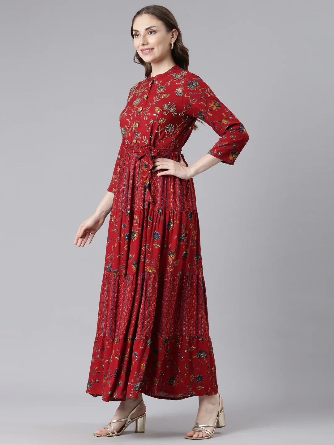Neerus Red Viscose Rayon Straight Casual Floral Maxi Dresses - Image 2