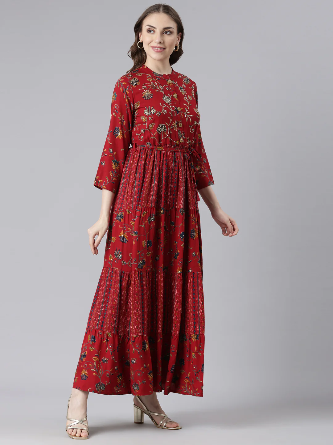 Neerus Red Viscose Rayon Straight Casual Floral Maxi Dresses - Image 3