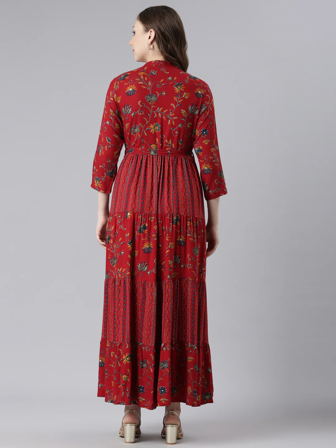 Neerus Red Viscose Rayon Straight Casual Floral Maxi Dresses - Image 4
