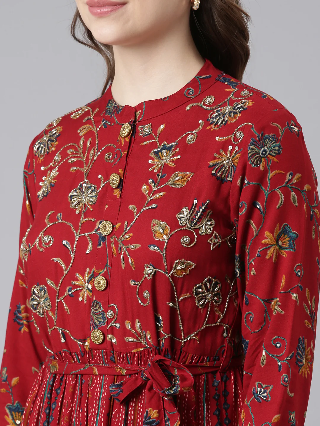 Neerus Red Viscose Rayon Straight Casual Floral Maxi Dresses - Image 5