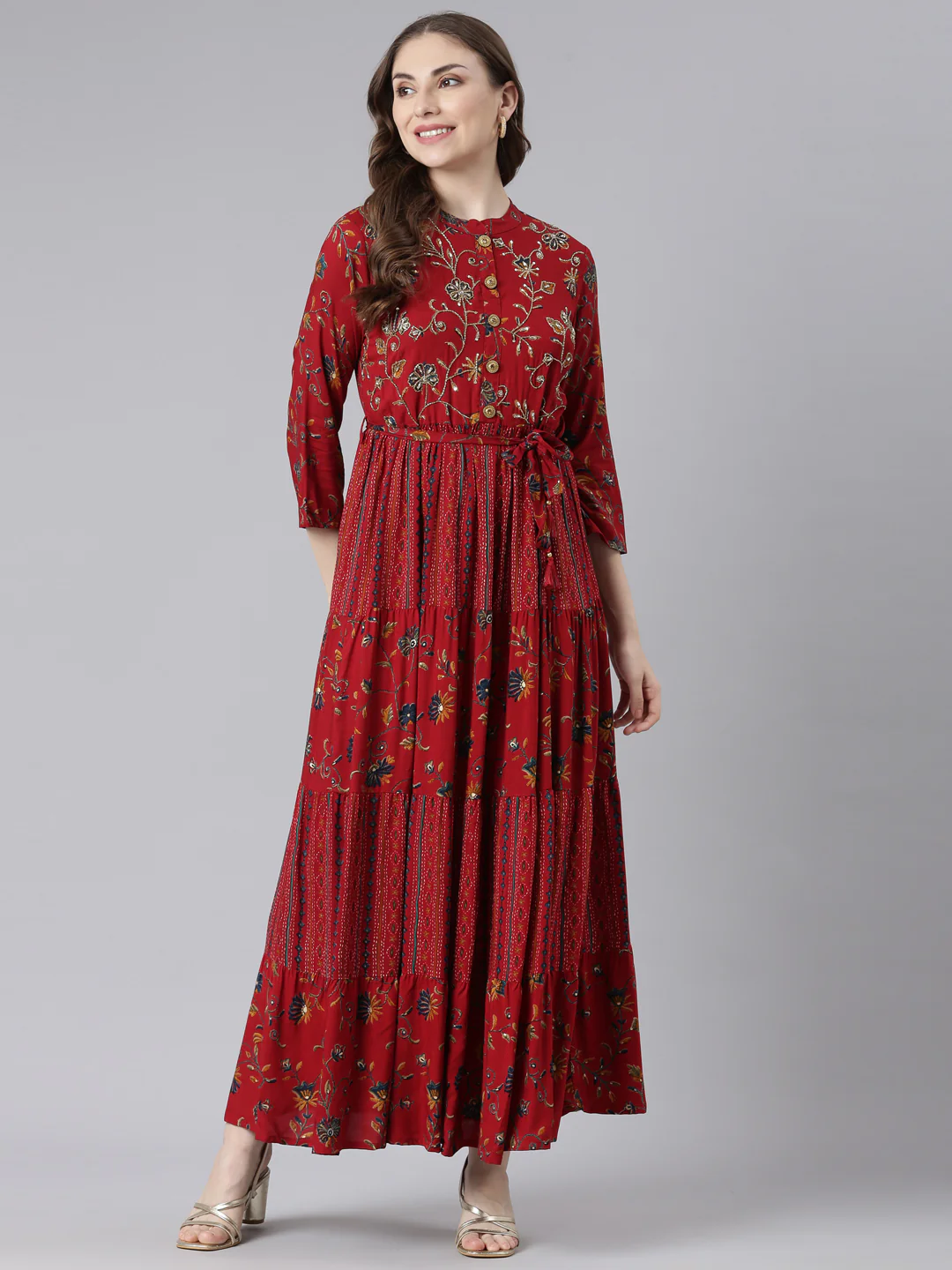 Neerus Red Viscose Rayon Straight Casual Floral Maxi Dresses - Image 6