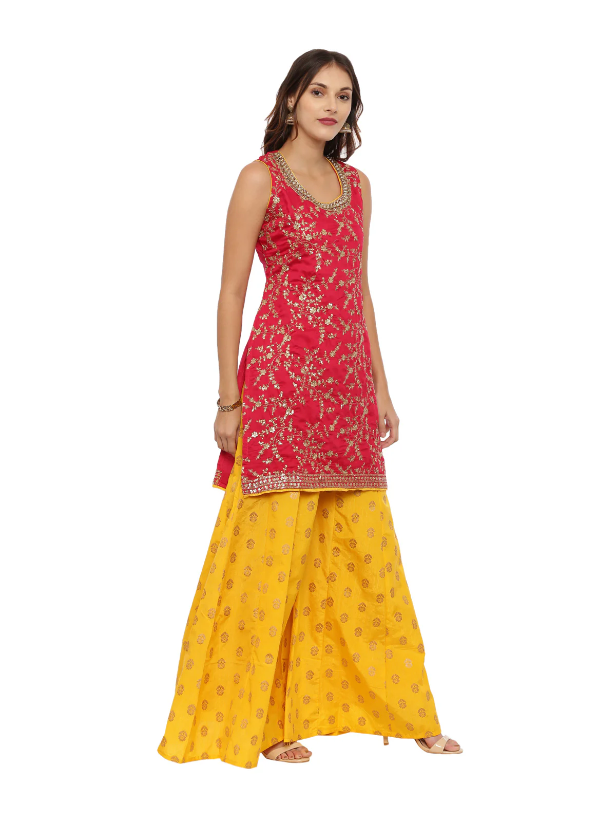Neerus Red & Yellow Zari Kurta With Palazzo & Dupatta - Image 3