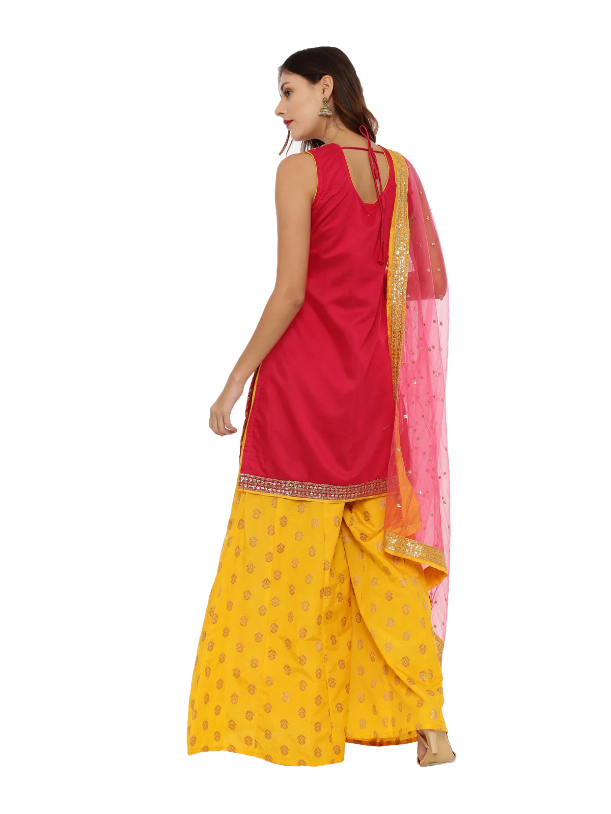 Neerus Red & Yellow Zari Kurta With Palazzo & Dupatta - Image 4
