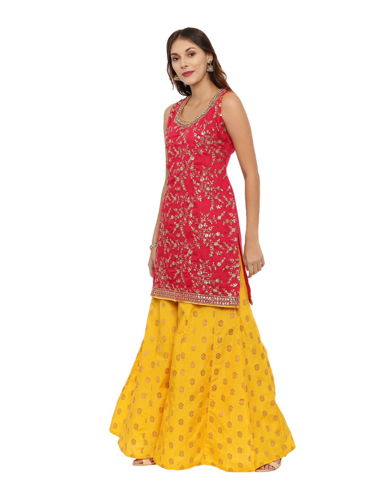 Neerus Red & Yellow Zari Kurta With Palazzo & Dupatta - Image 5