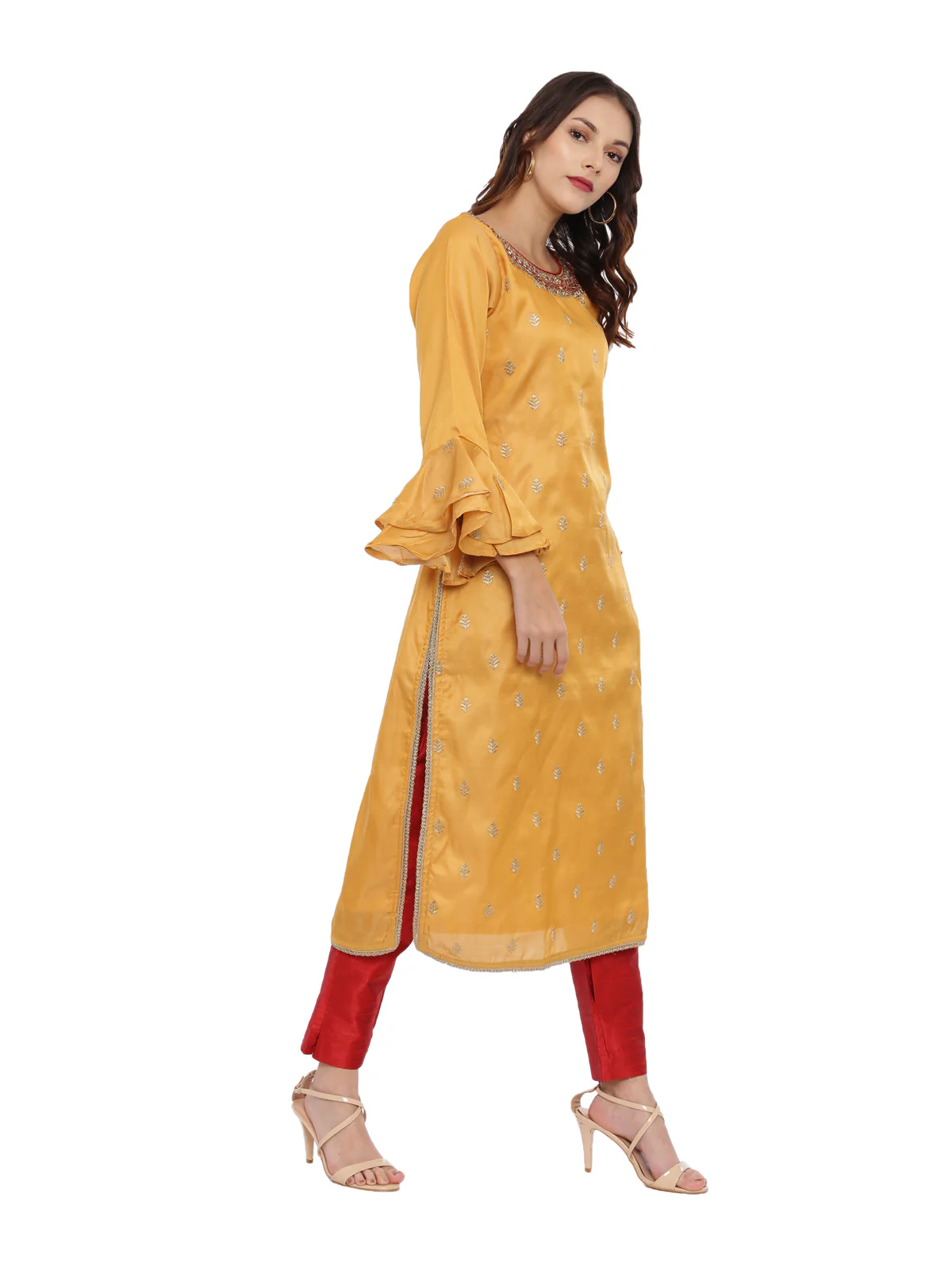 Neerus Red & Yellow Zari Kurta With Pant & Dupatta - Image 3