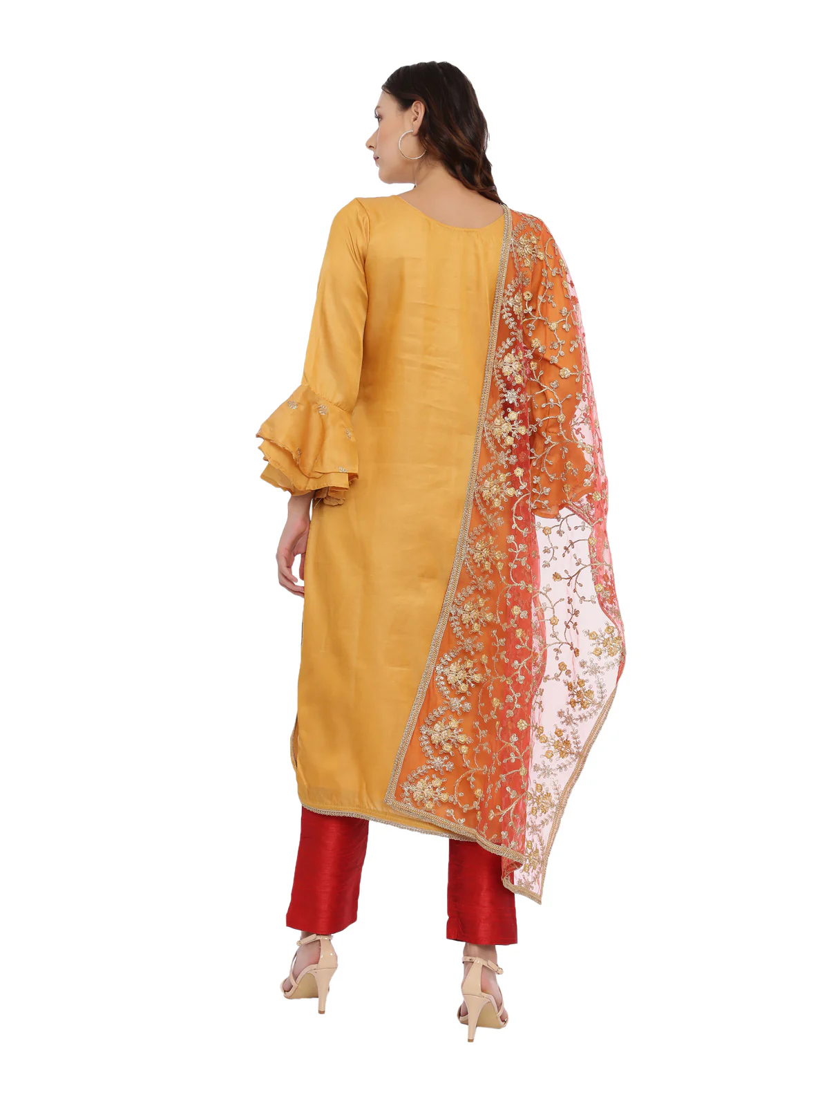 Neerus Red & Yellow Zari Kurta With Pant & Dupatta - Image 4