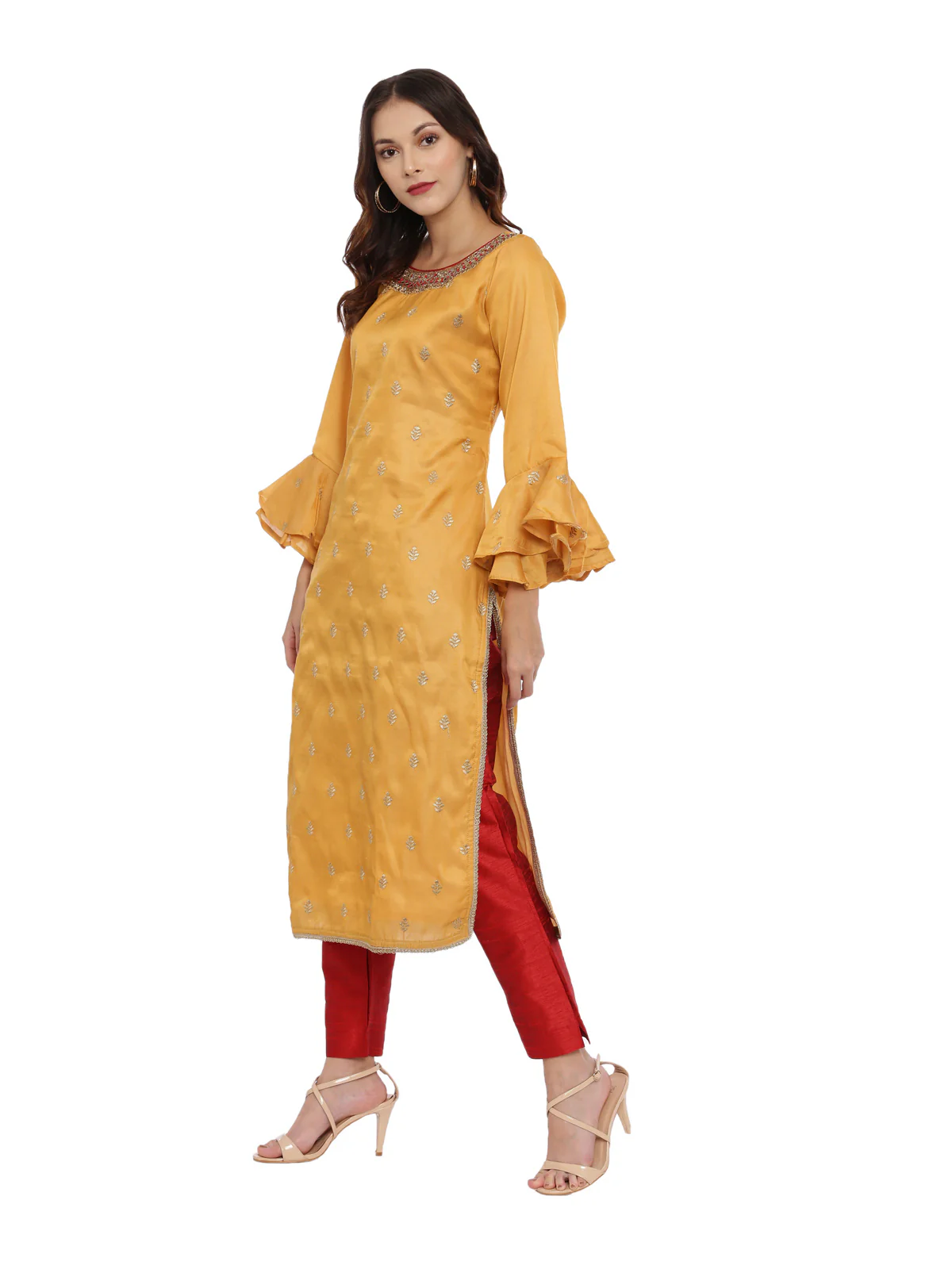 Neerus Red & Yellow Zari Kurta With Pant & Dupatta - Image 5