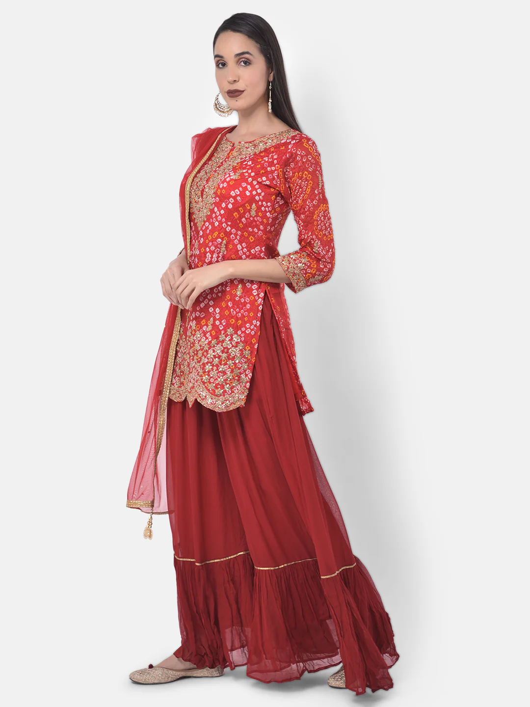 Neerus Red Zari Kurta With Sharara & Dupatta - Image 2
