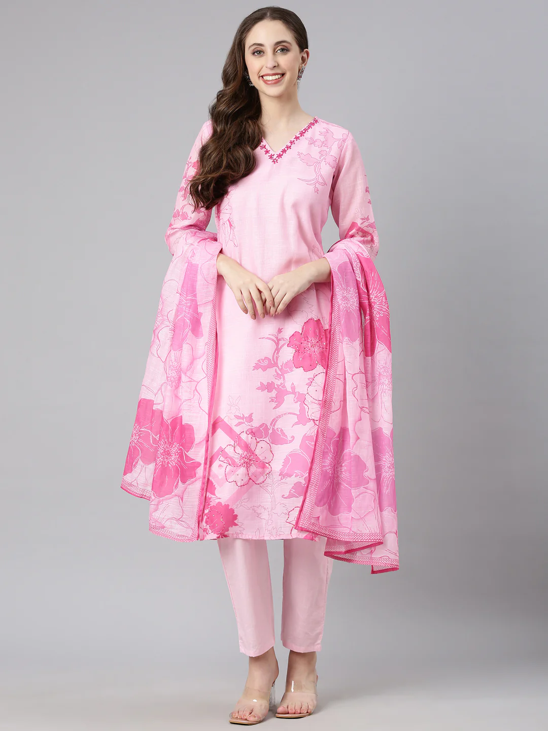 Neerus Rose pink Printed Straight Kurta and Trousers With Dupatta - Image 5