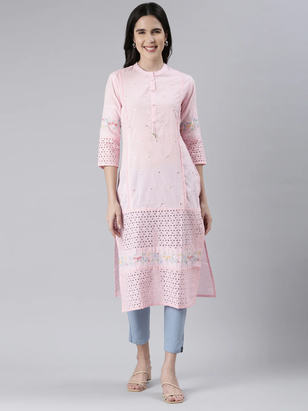 Neerus Rose Pink Straight Solid Cotton Kurta
