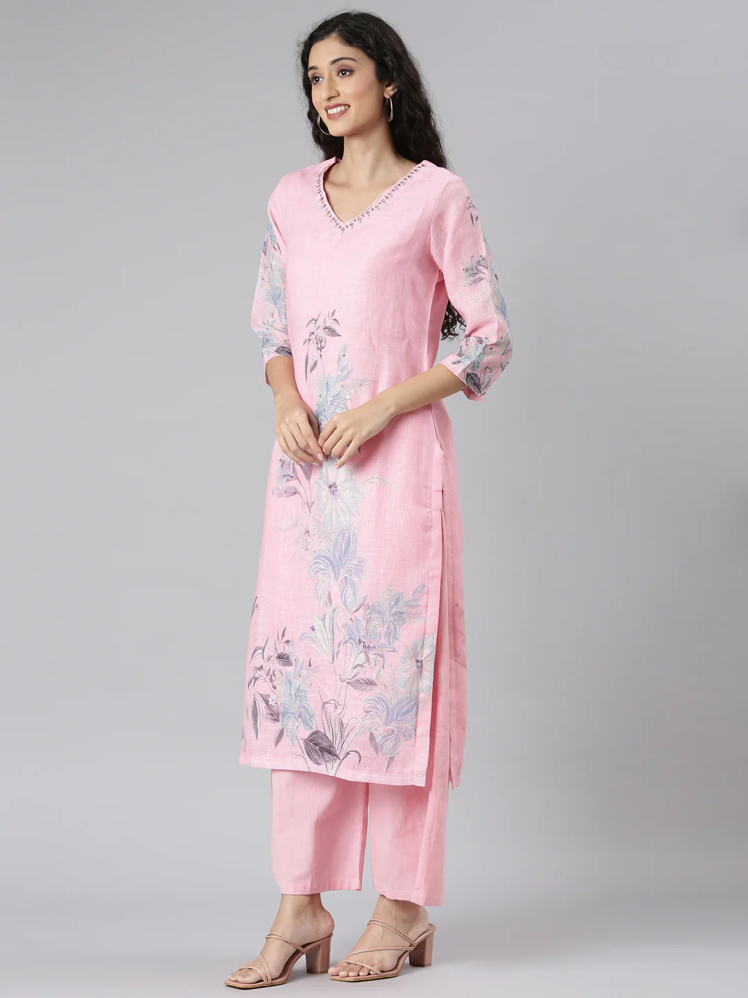 Neerus Rose Straight Casual Floral Kurta and plazzo with Dupatta - Image 2