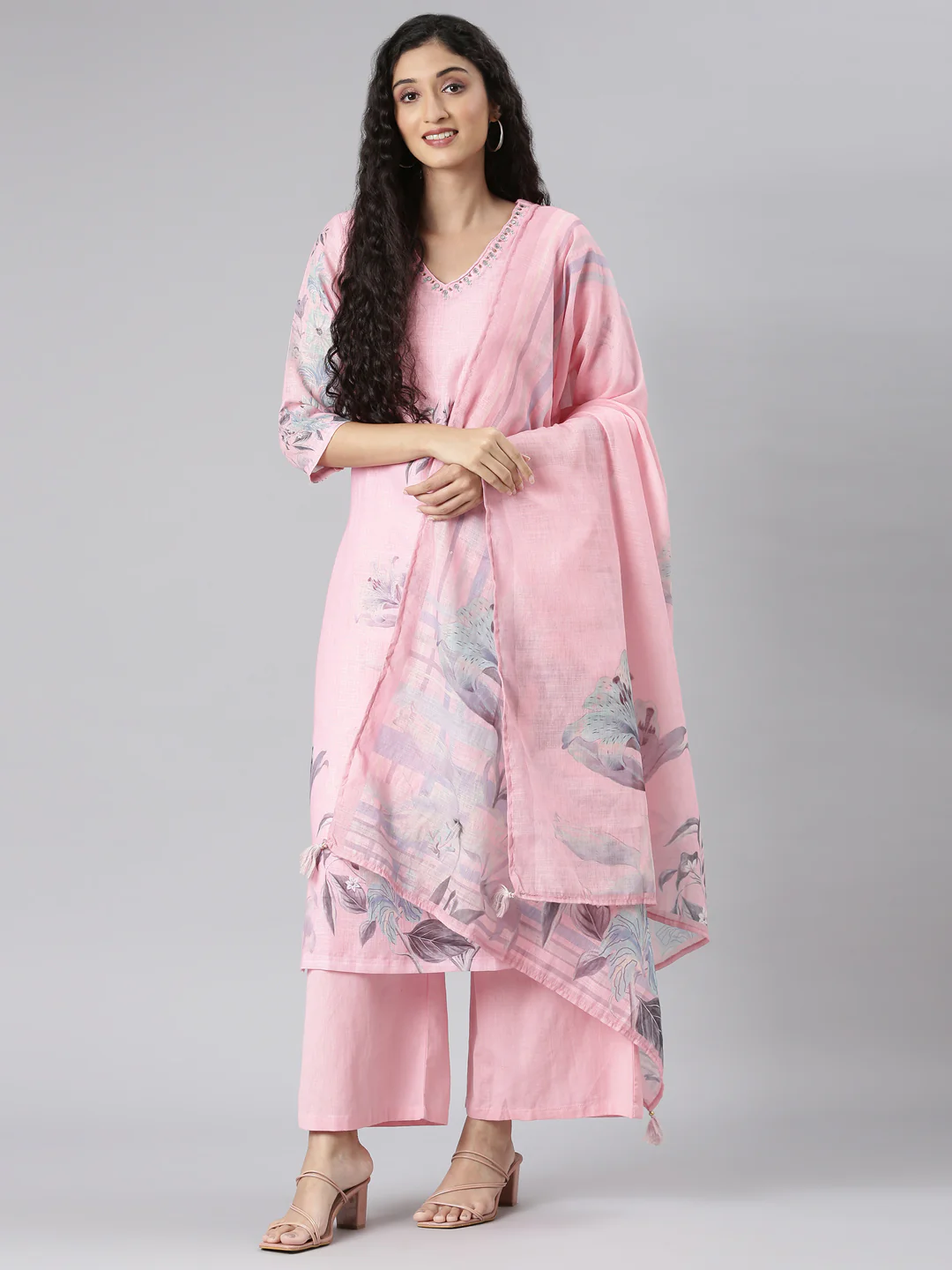 Neerus Rose Straight Casual Floral Kurta and plazzo with Dupatta - Image 6