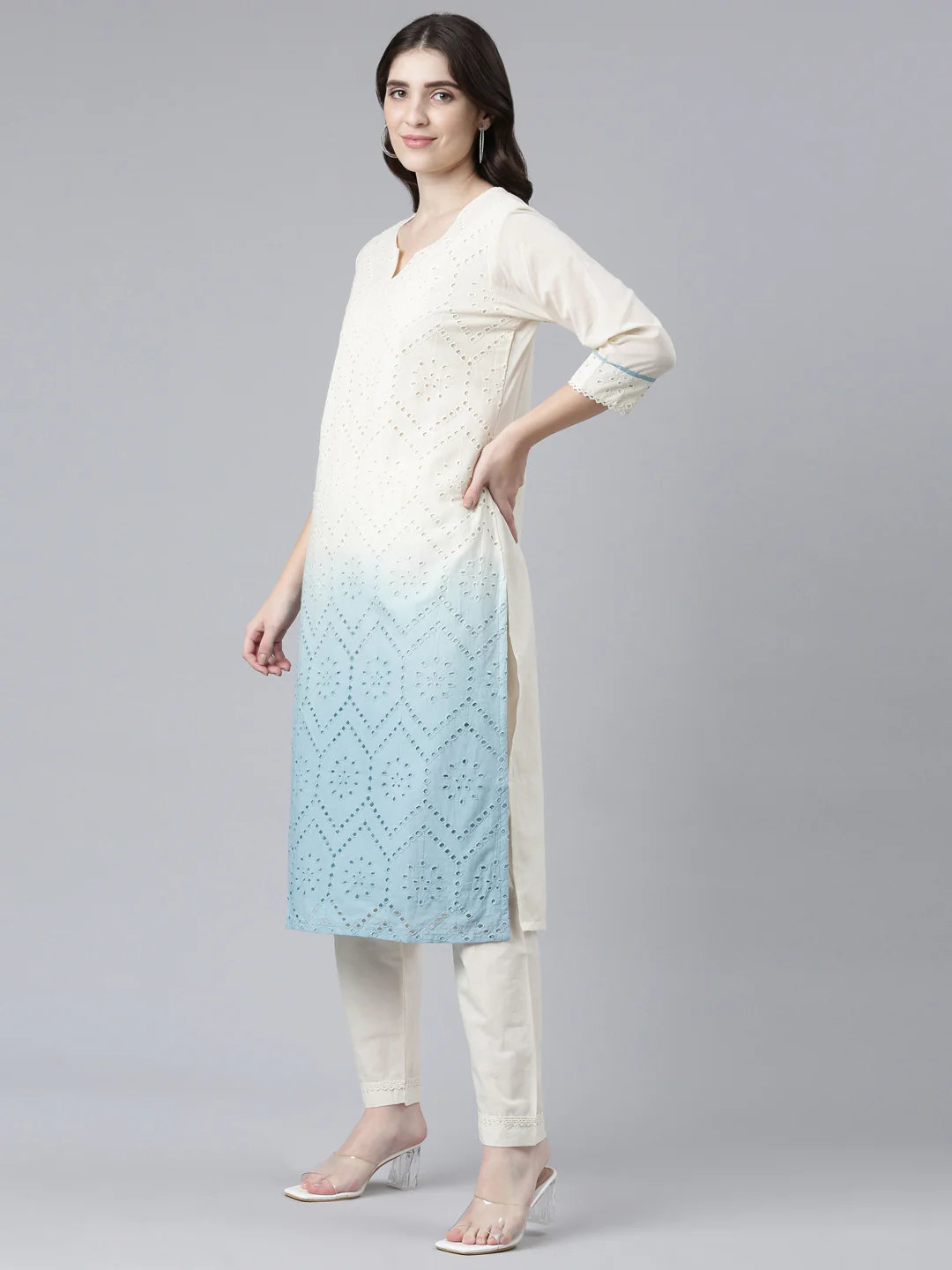 Neerus Round Neck Cotton Kurta With Trousers With Dupatta - Image 2