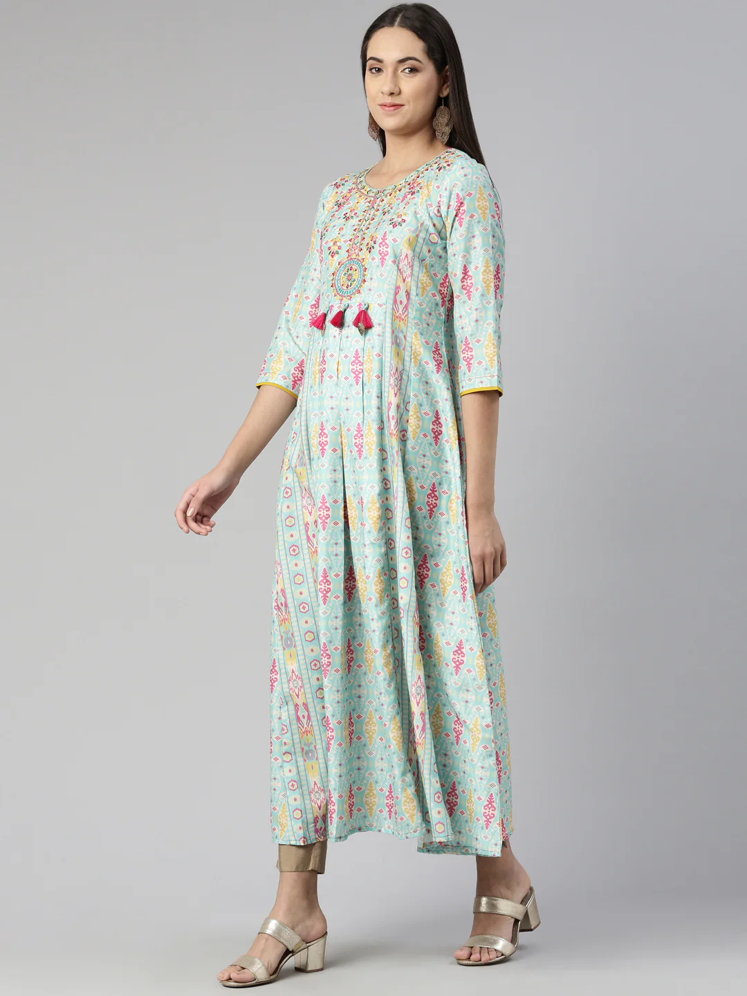 Neerus Round Neck Floral Printed Ethnic Maxi Cotton Dress - Image 2