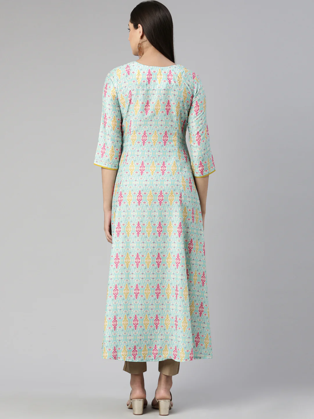 Neerus Round Neck Floral Printed Ethnic Maxi Cotton Dress - Image 3