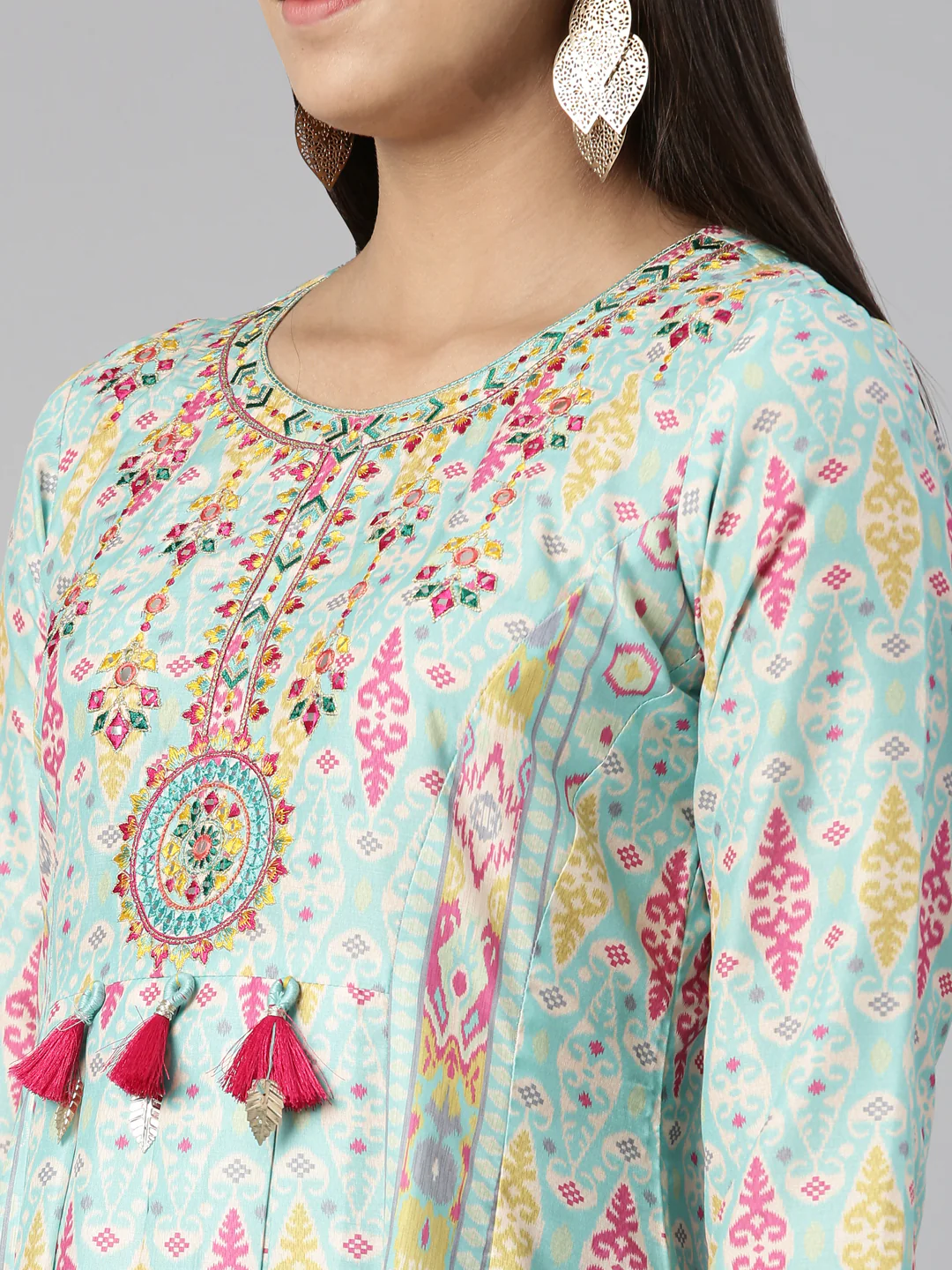 Neerus Round Neck Floral Printed Ethnic Maxi Cotton Dress - Image 4