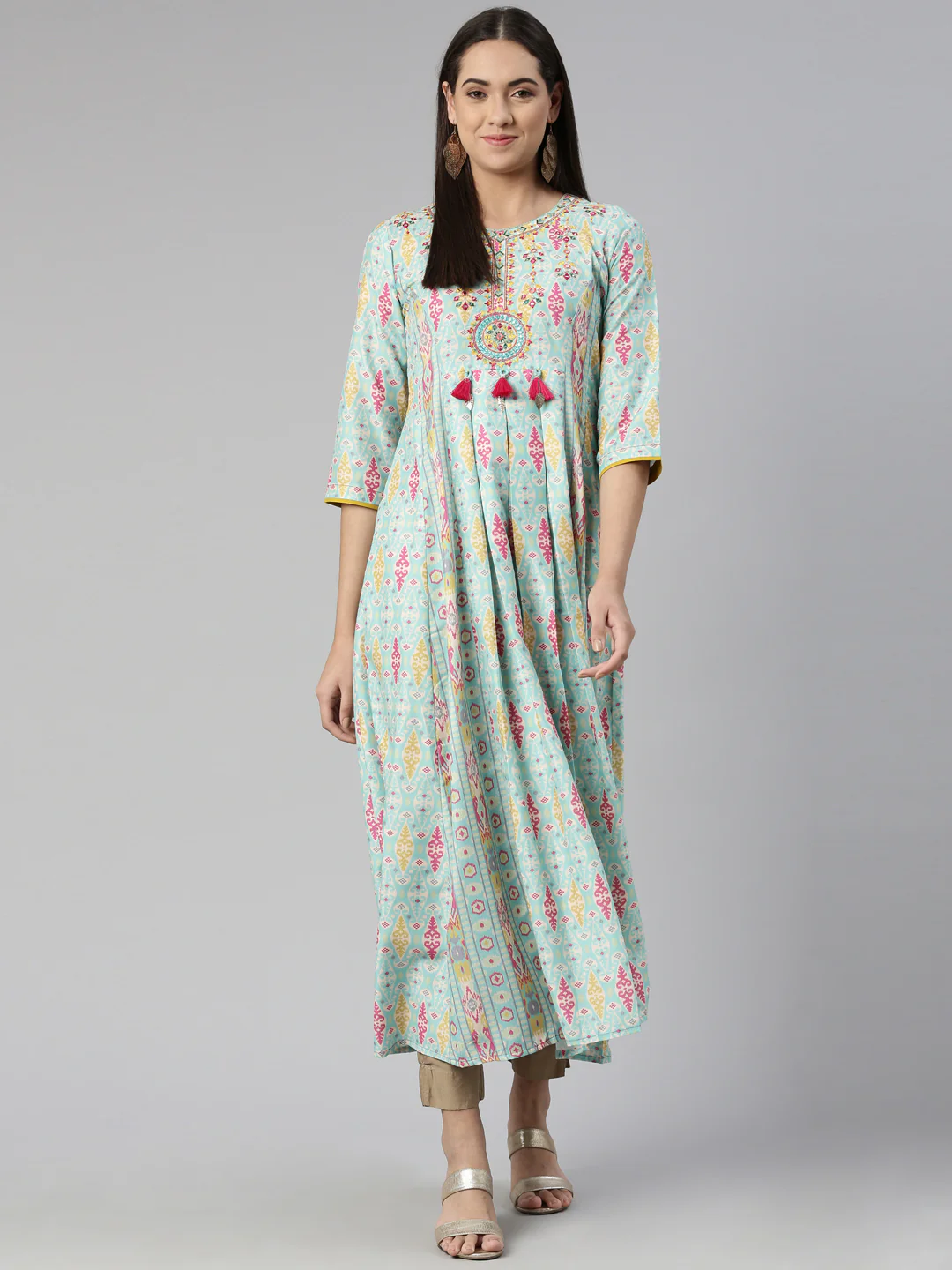 Neerus Round Neck Floral Printed Ethnic Maxi Cotton Dress - Image 5