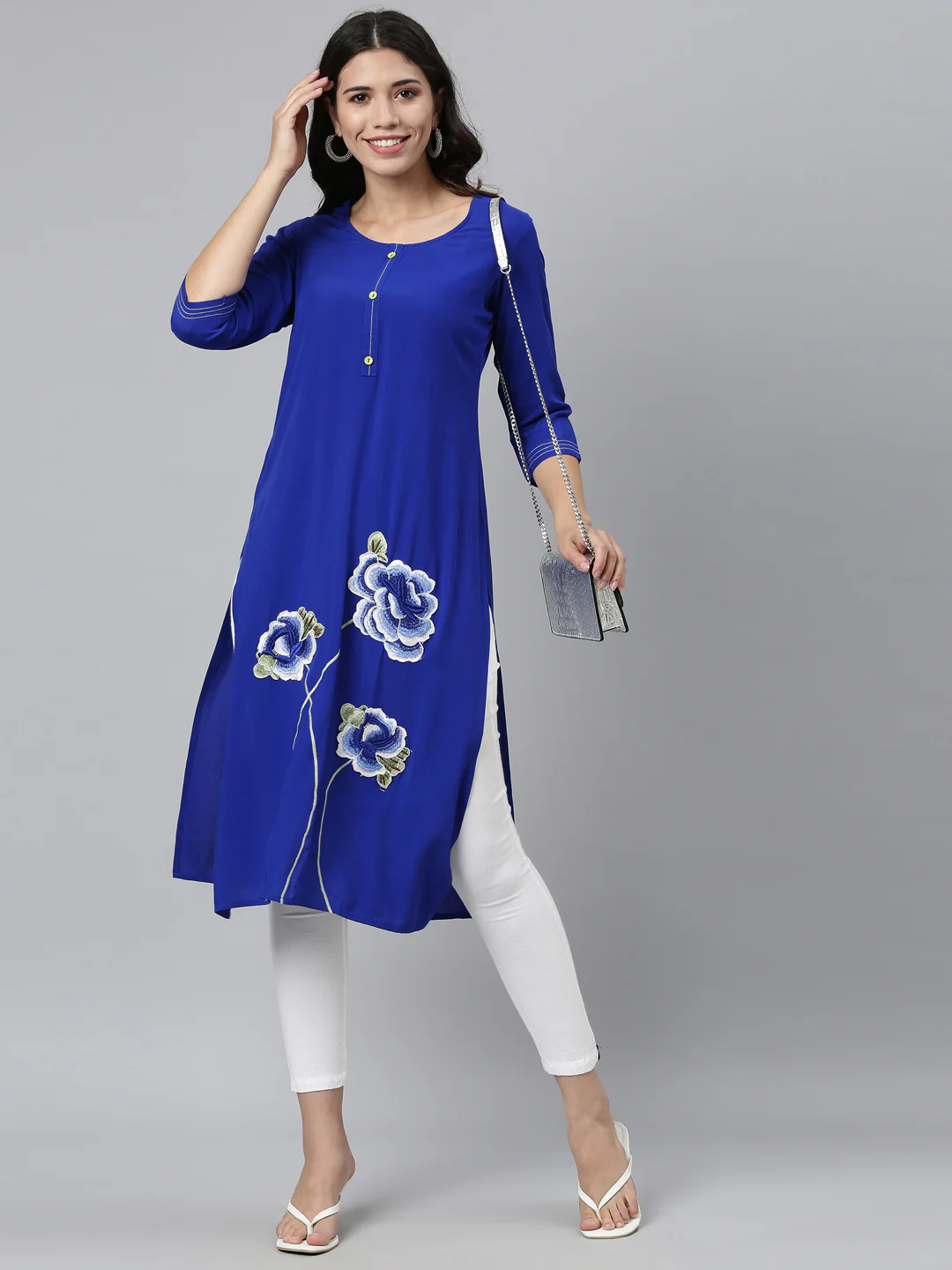 Neerus Royal Blue Color Rayon Fabric Kurta - Image 4