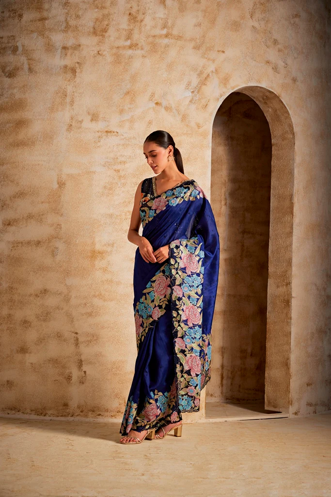 Neerus Royal Blue Color Satin Fabric Saree - Image 2