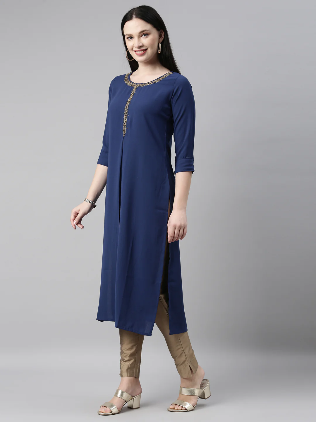 Neerus Royal Blue Color Slub Riyon Fabric Kurta - Image 2