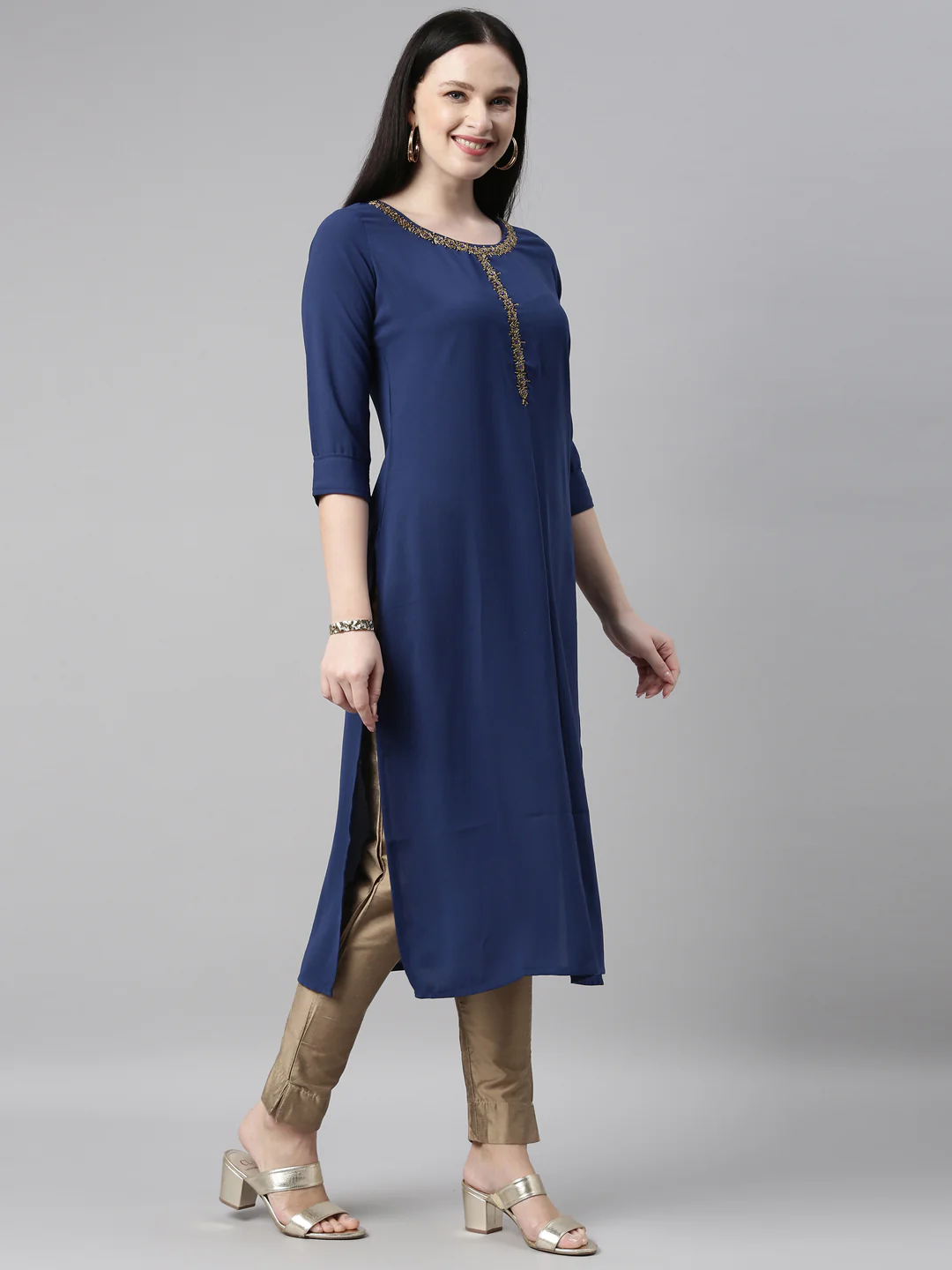 Neerus Royal Blue Color Slub Riyon Fabric Kurta - Image 3