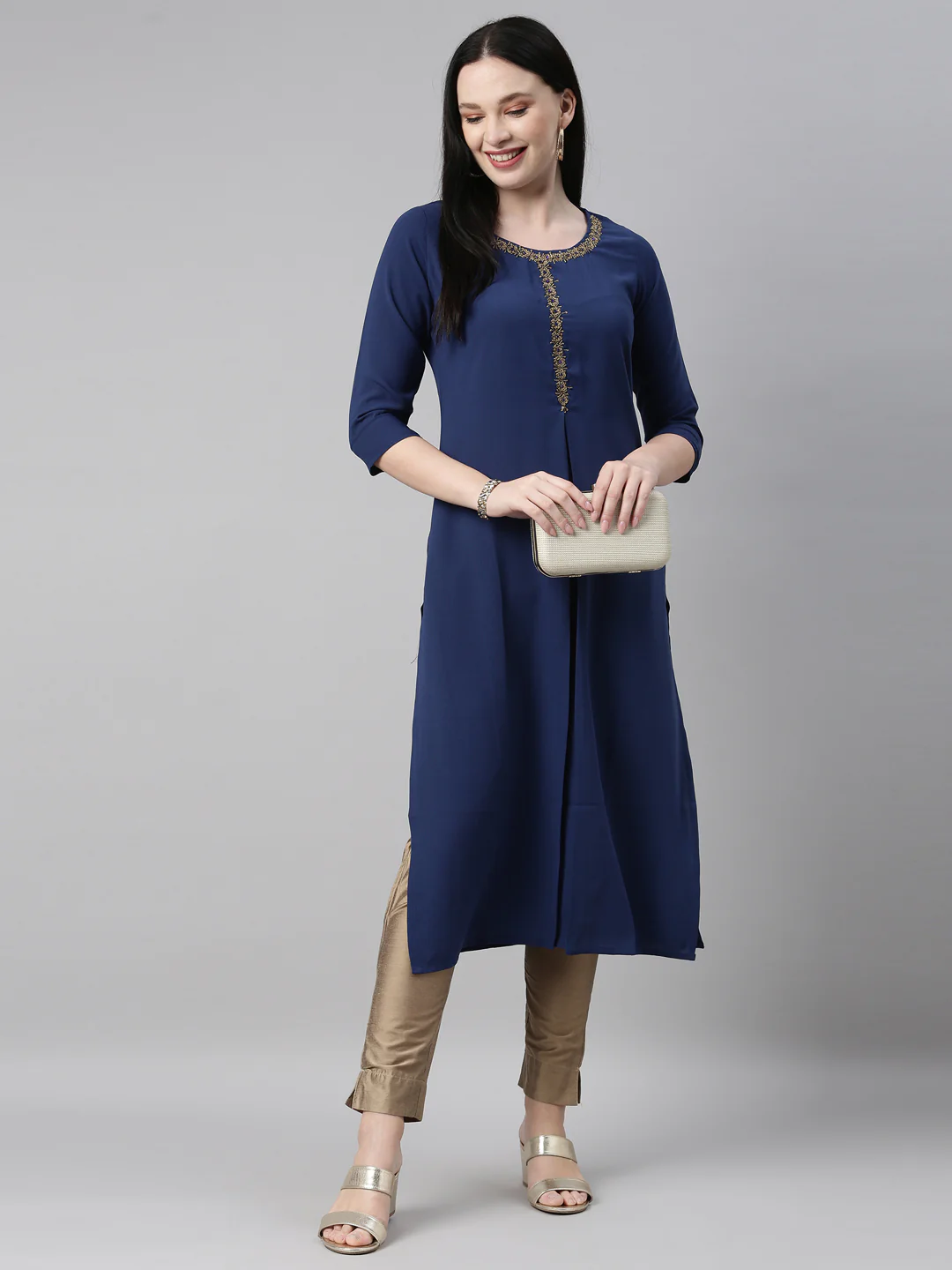 Neerus Royal Blue Color Slub Riyon Fabric Kurta - Image 5