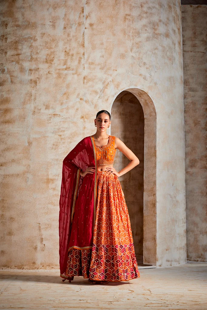 Neerus Rust Color Chinon Fabric Ghagra Set