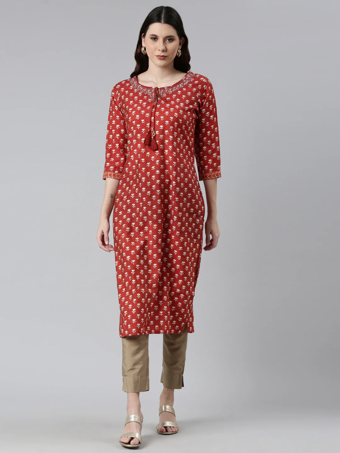 Neerus Rust Color Model Fabric Floral Kurta