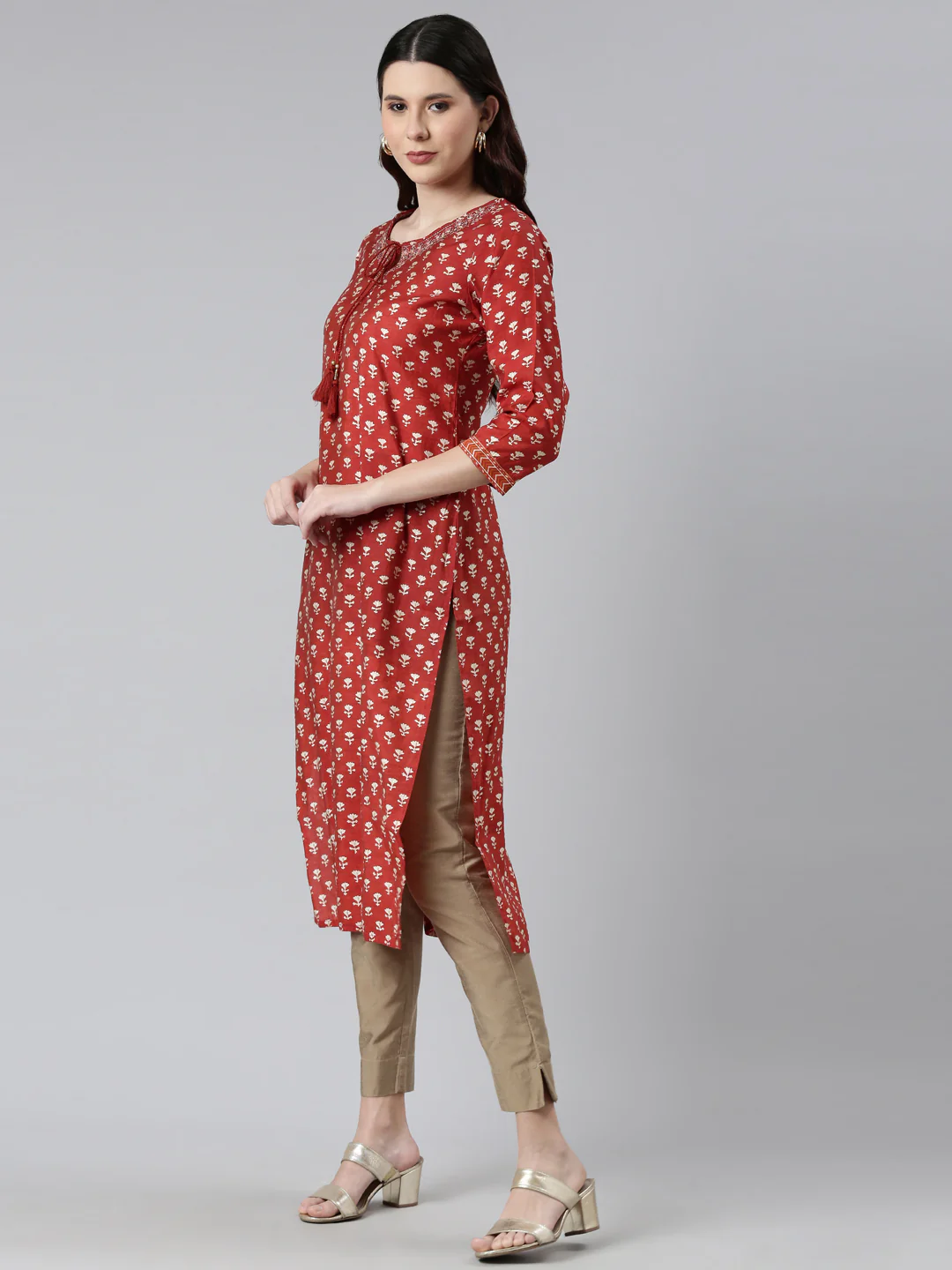 Neerus Rust Color Model Fabric Floral Kurta - Image 2