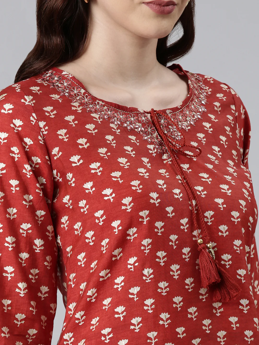 Neerus Rust Color Model Fabric Floral Kurta - Image 4