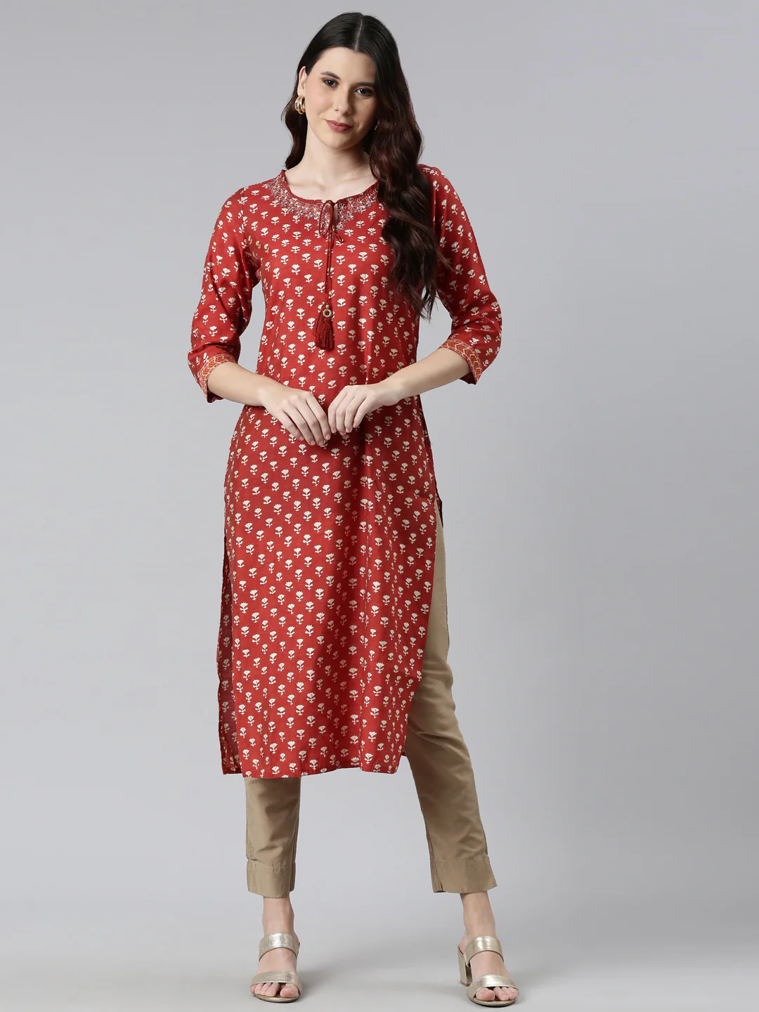 Neerus Rust Color Model Fabric Floral Kurta - Image 5