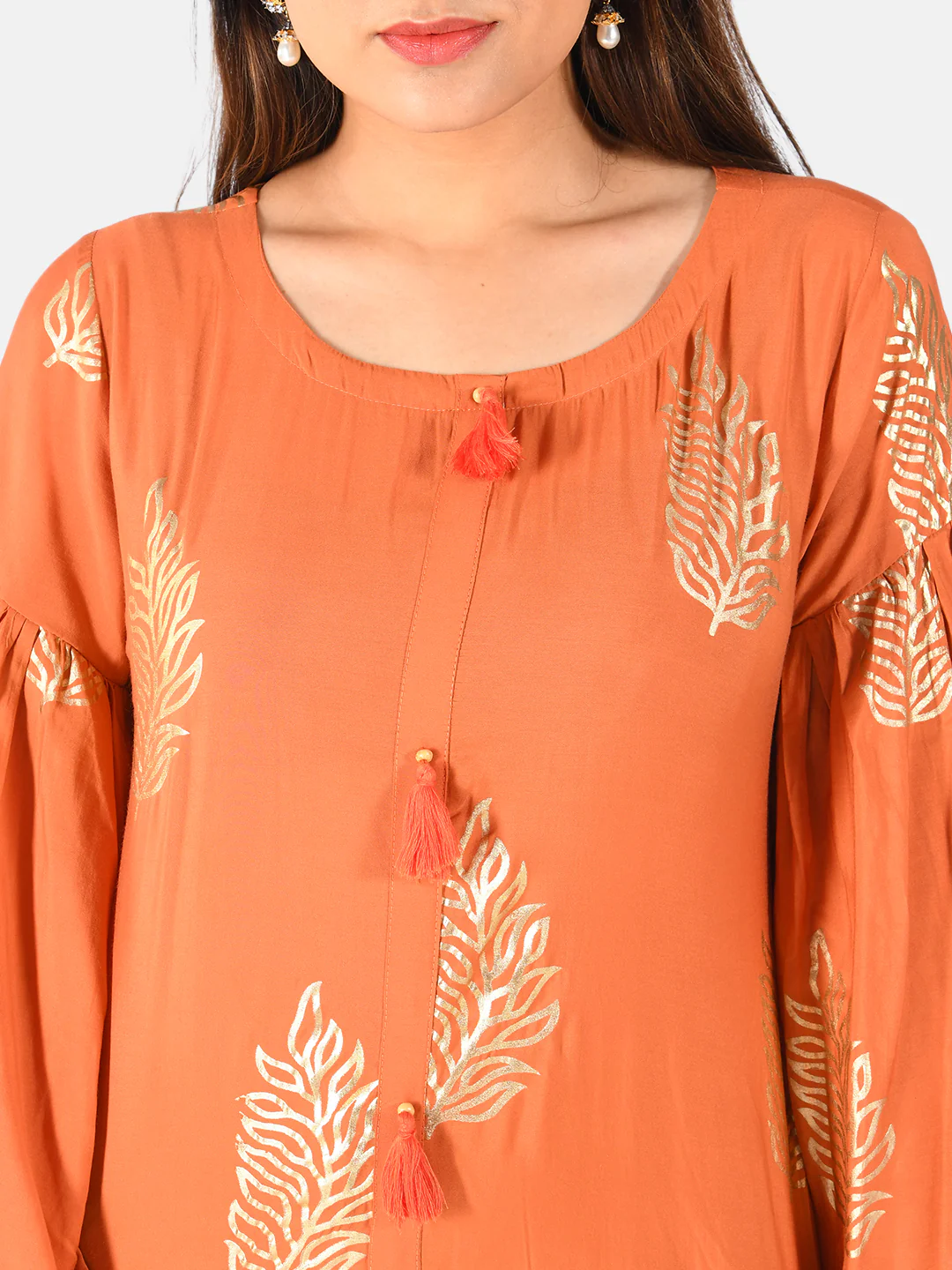 Neerus Rust Color Muslin Fabric Kurta - Image 3