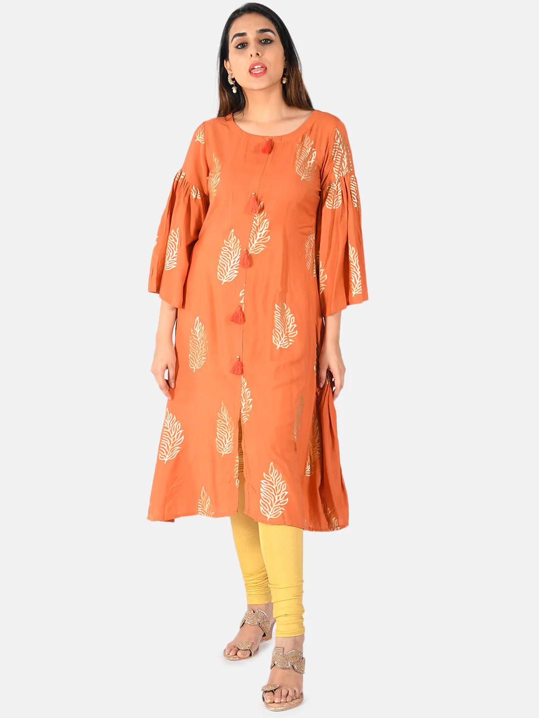 Neerus Rust Color Muslin Fabric Kurta - Image 5