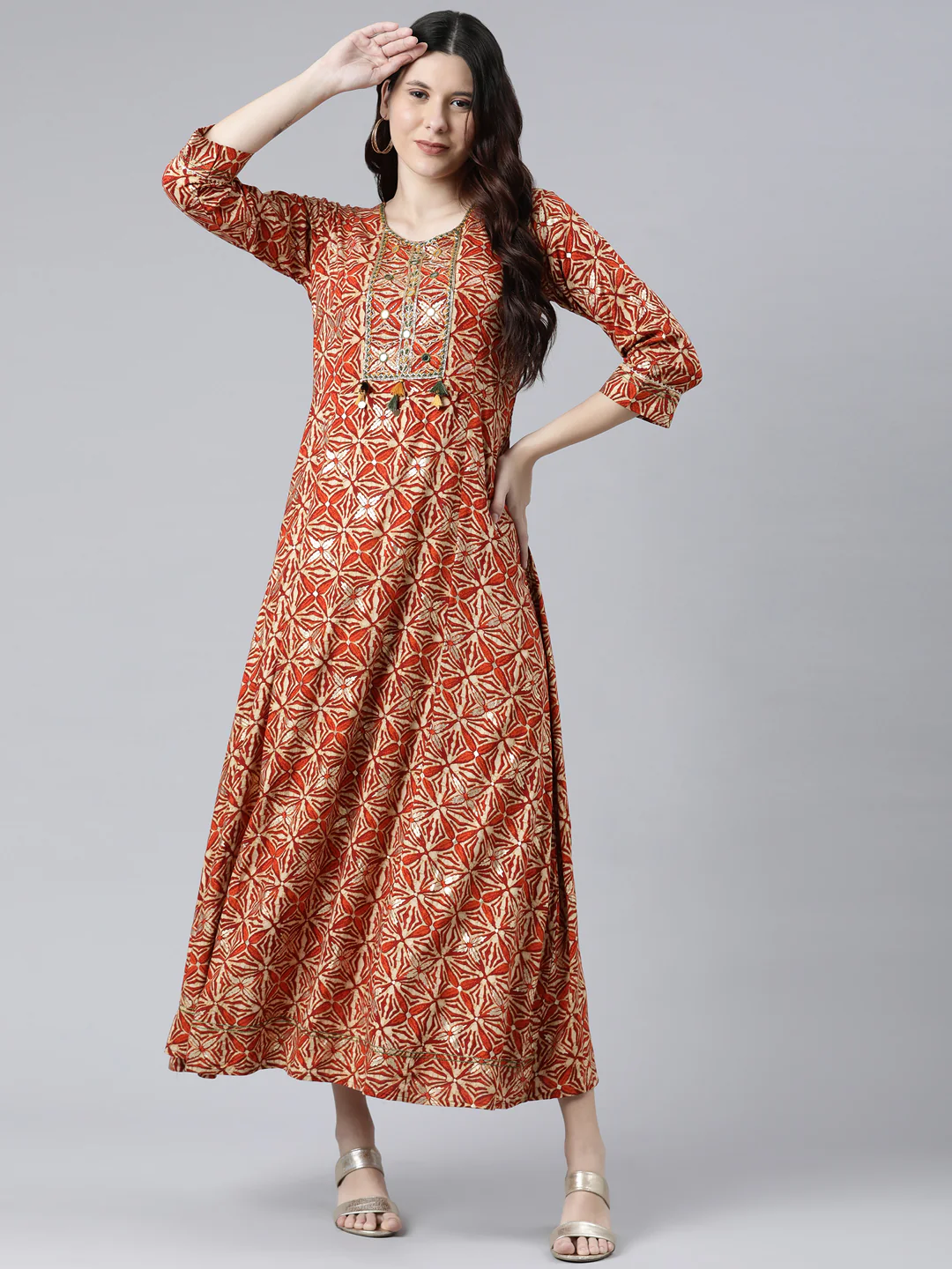Neerus Rust Color Rayon Fabric Dress - Image 5