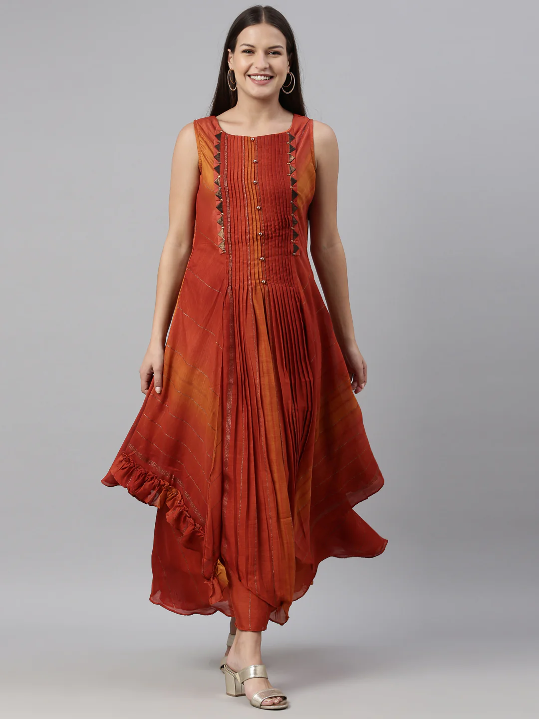 Neerus Rust Color Silk Fabric Kurta