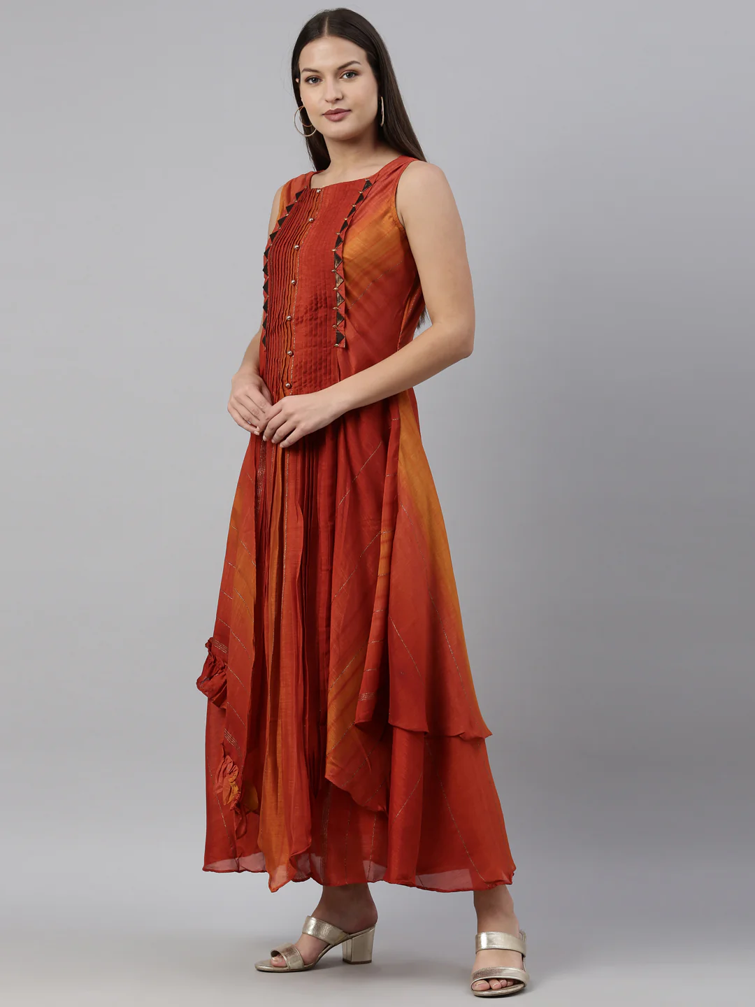 Neerus Rust Color Silk Fabric Kurta - Image 3