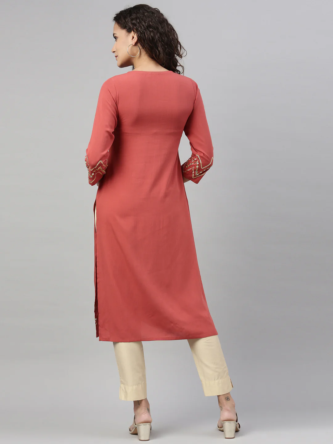 Neerus Rust Color Slub Rayon Fabric Kurta - Image 2