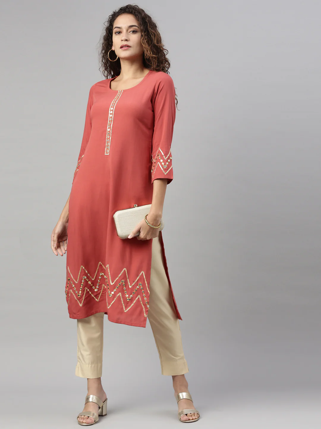 Neerus Rust Color Slub Rayon Fabric Kurta - Image 4