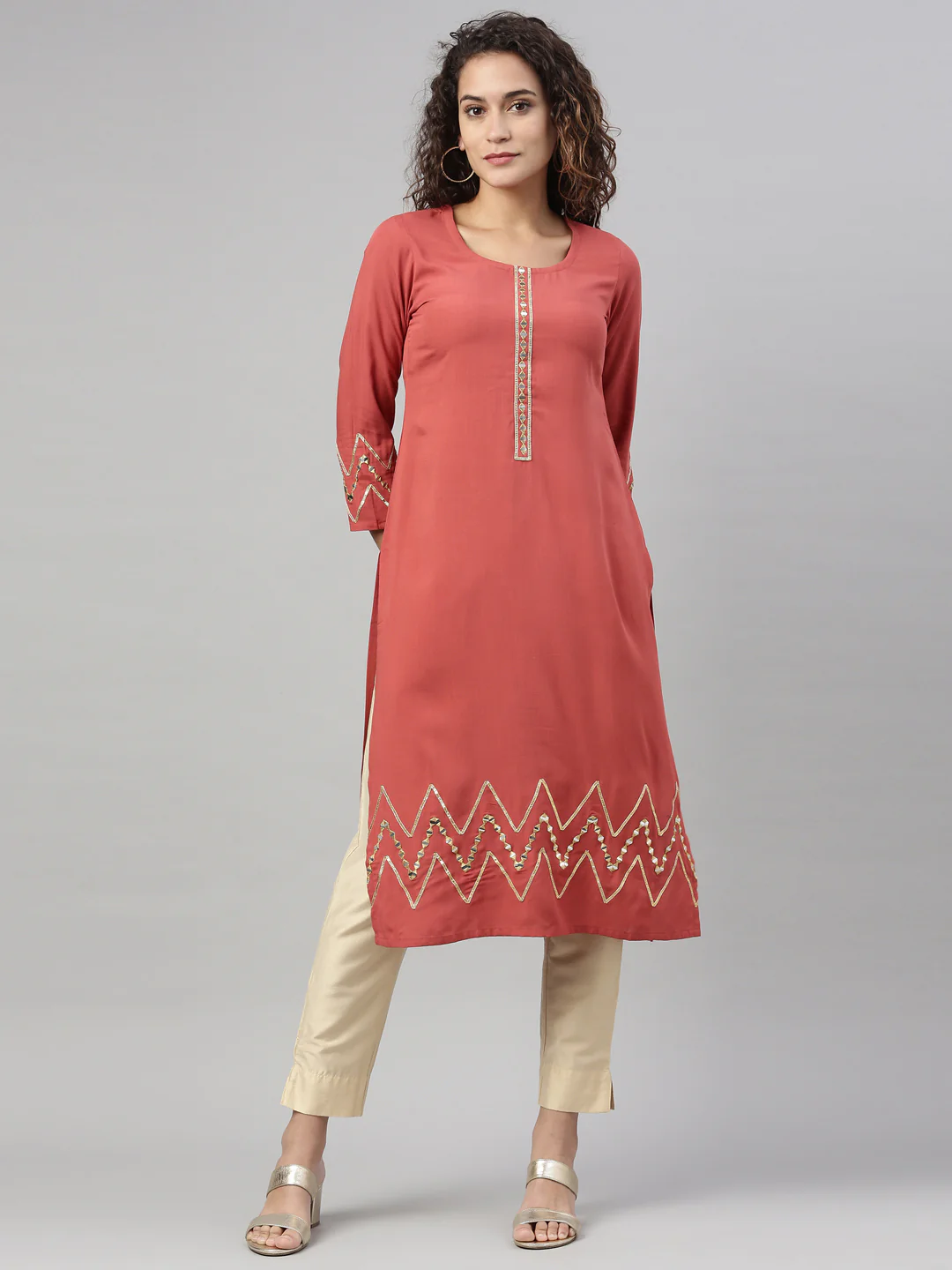 Neerus Rust Color Slub Rayon Fabric Kurta - Image 7