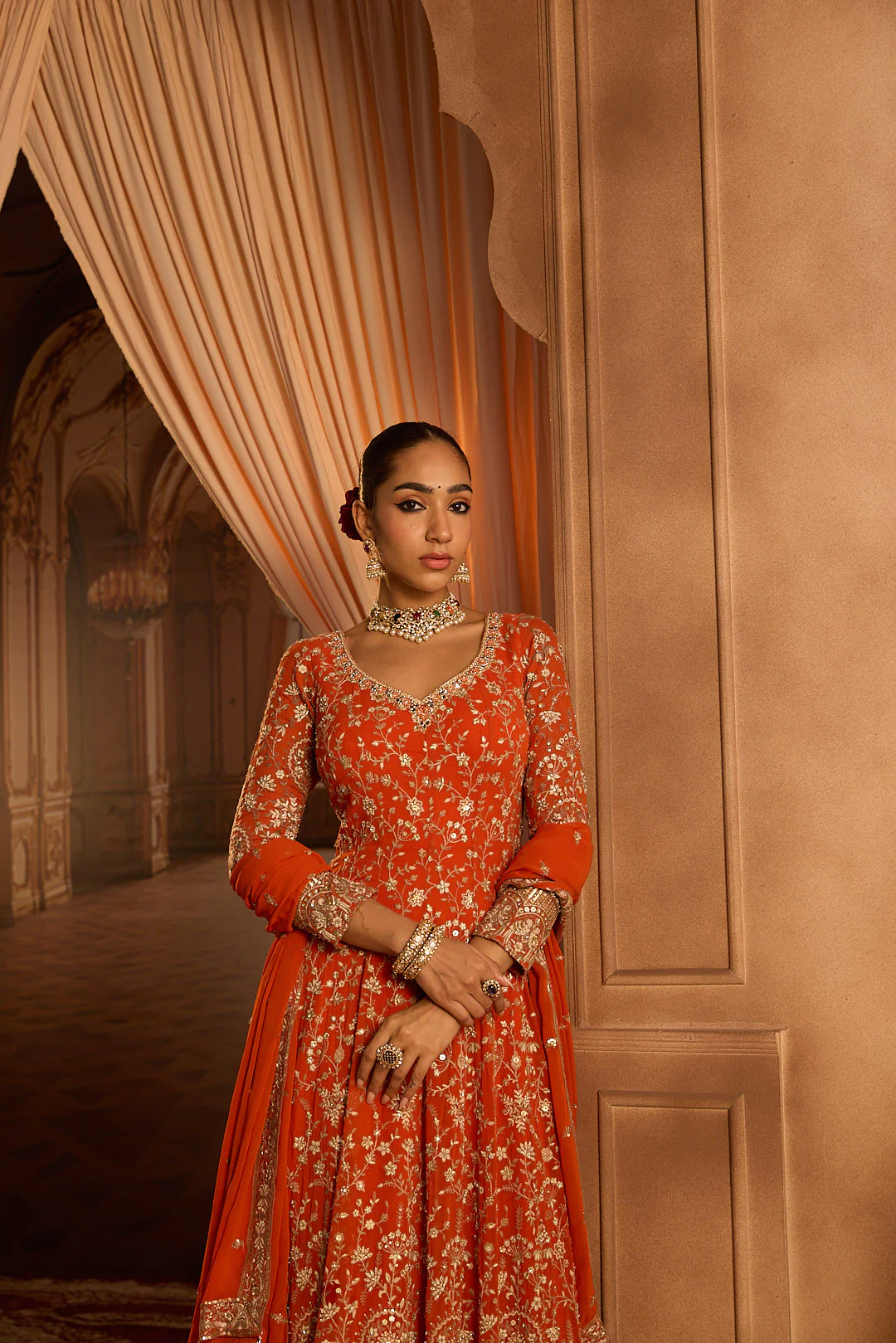 Neerus Rust Embroidery Work Georgette Fabric Anarkali and Trouser With Dupatta - Image 2