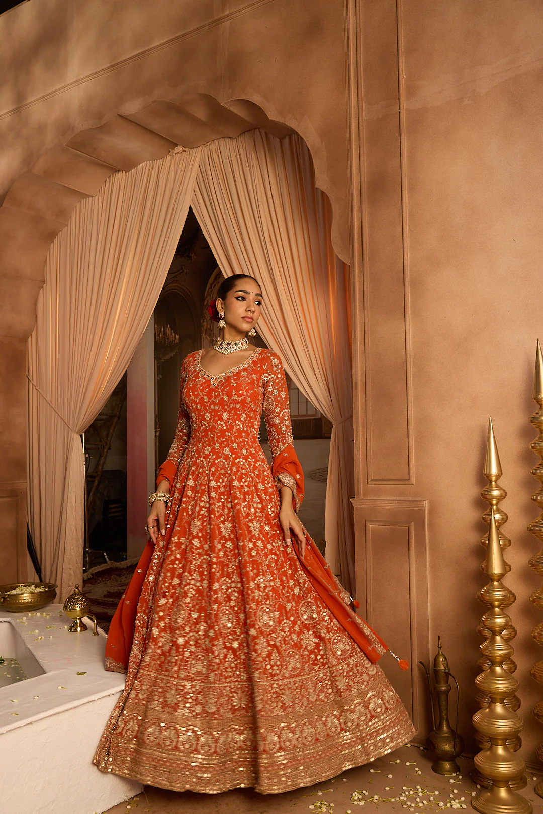 Neerus Rust Embroidery Work Georgette Fabric Anarkali and Trouser With Dupatta - Image 5