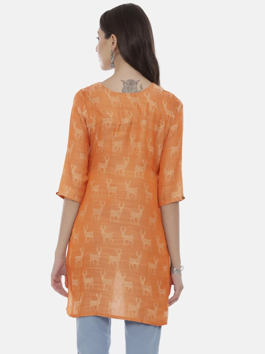 Neerus Rust Printed High Low Kurta - Image 6